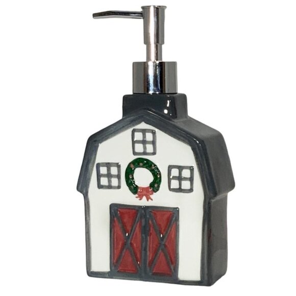 Christmas Barn Soap Lotion Dispenser Ceramic Hand Painted Gift Grey Wreath Re… - Picture 1 of 13
